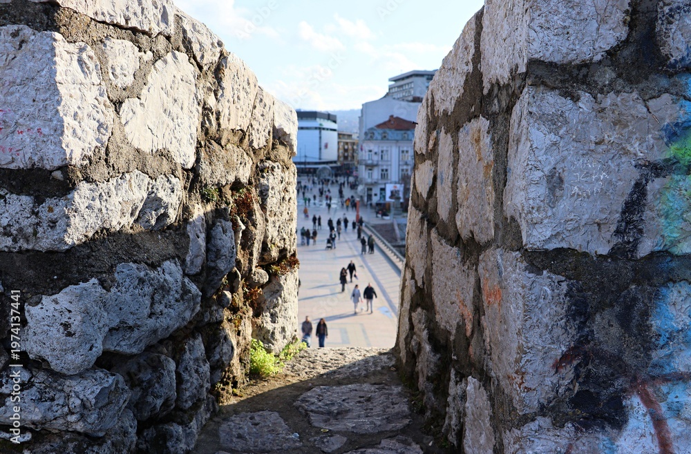 Ταπετσαρία View of the city center of Nis through the loophole on the fortress wall of the