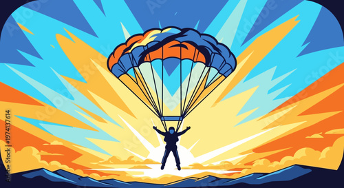 Person jumping with parachute in air.