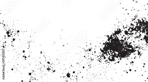 Black ink splatters and dots on white background