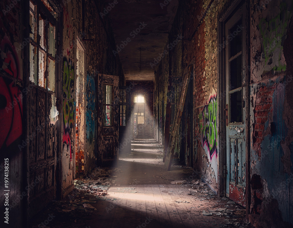 Obraz premium Abandoned Corridor Urban Exploration Dark Cinematic Post Apocalyptic Background