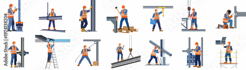 Set of construction workers in safety gear performing various structural steel assembly, welding, and site preparation tasks for a building project.