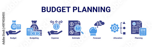 Budget Planning web banner icon vector illustration with icons of Budget,Budgeting,Expense,Estimate,Forecast,Allocation and Planning