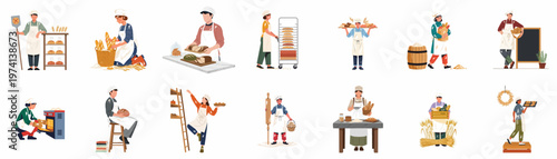 Collection of diverse professional bakers preparing, baking, and serving fresh bread and pastries in various bakery settings, flat vector illustration.