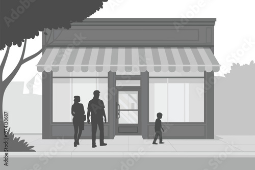 Minimalist of a closed shopfront with three people