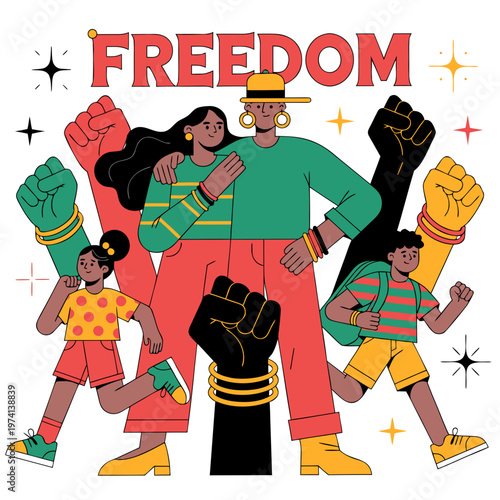 Diverse people, freedom fighters, raised fists, colorful illustration, social justice, equality, activism