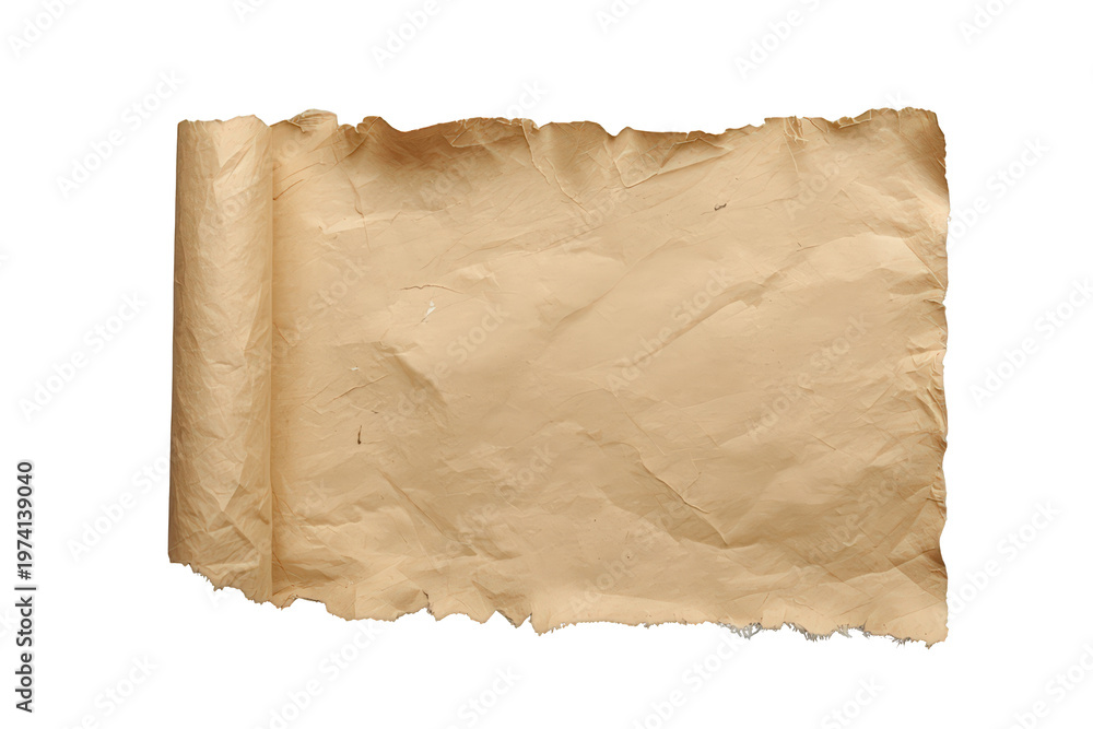 Fototapeta premium Old scroll sheet unrolling, showing antique parchment texture with wrinkled surface and rough, torn edges on a transparent background