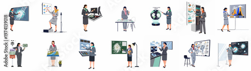 Collection of professional female meteorologist illustrations presenting weather forecasts, climate data, and natural phenomena using various technological tools and maps.