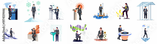Conceptual illustrations of business professionals interacting with diverse weather conditions, natural disasters, and meteorological measurement tools for climate analysis and forecasting.