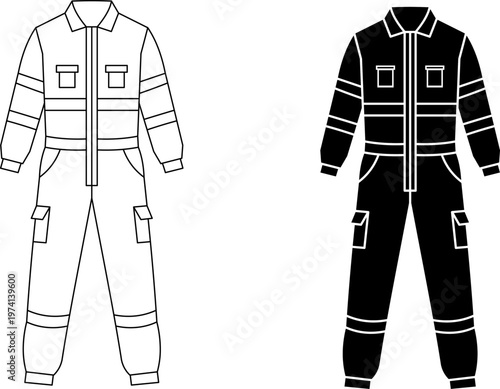 Safety Jumpsuit icon Vector Outline and Silhouette Set. editable stroke. isolated on transparent background