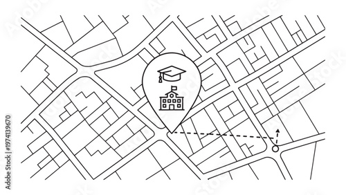 Line art map showing a school location with a graduation cap pin and a navigation route, symbolizing an educational journey.