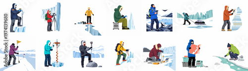 Collection of vector illustrations depicting polar researchers performing scientific studies and environmental exploration in frozen Arctic and Antarctic landscapes.