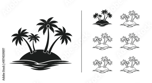 Black and white illustration of tropical islands with palm trees