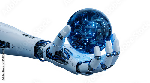 Robot hand holding blue circuit board globe with glowing connections  futuristic technology concept transparent background