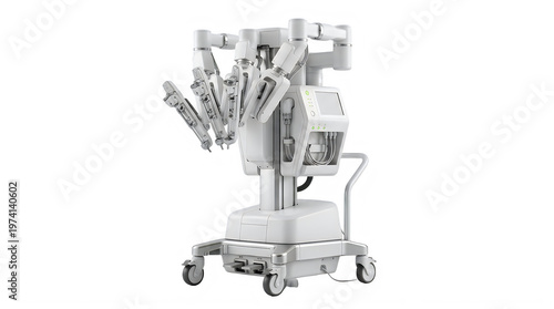 Robotic surgery system with multiple arms and control panel on wheels in hospital transparent background