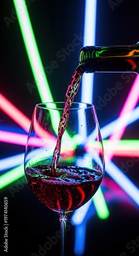 Wine Pouring into Glass with Colorful Neon Lights.