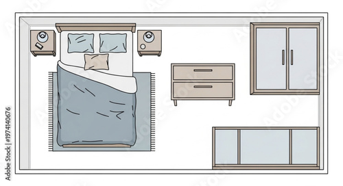 Bedroom Layout with Bed, Nightstands, Dresser, and Closet.