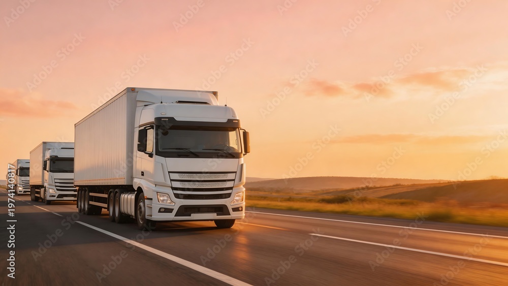 Obraz premium White trucks on highway at sunset