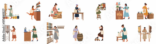 Flat vector illustration collection of diverse women shopping at zero-waste stores, using reusable jars and tote bags for sustainable, plastic-free grocery shopping.