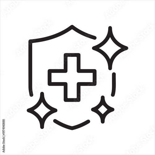 Shield with medical cross and sparkles, linear icon. Clean protection and healthcare safety. Line with editable stroke.