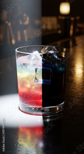 Colorful cocktail with ice cubes in a glass.