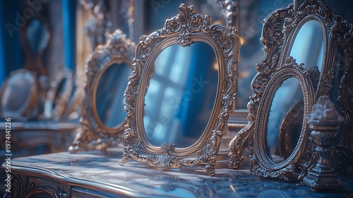 Ornate antique mirrors reflect vintage elegance in a dimly lit room.