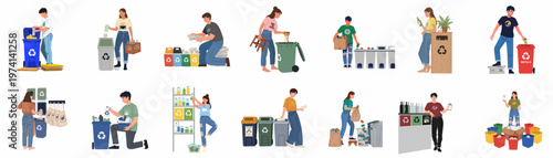 Diverse collection of flat illustrations showing people sorting various types of waste into colorful recycling bins for environmental conservation and sustainability.