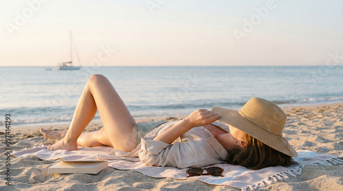 Woman lies on beach sand hiding behind beach hat. Summer vacation concept