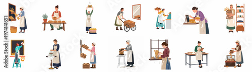 Collection of Flat Vector Illustrations Showing Female Bakers Working in a Traditional Bakery, Making Bread, Pastries, and Managing a Small Business Shop.