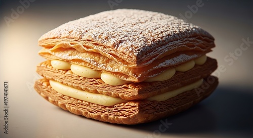 Delicious layered pastry dessert with creamy filling and powdered sugar.