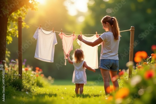 Mother and Child Hanging Laundry Outdoors on a Sunny Day in a Garden Setting
