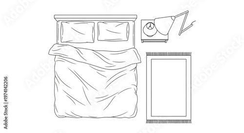 Top-Down View of a Bed with Nightstand and Lamp.