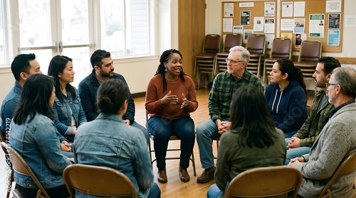 Diverse group of people in a community support meeting