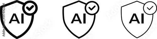 AI security shield icons with checkmark, artificial intelligence protection symbols, black line vector set for cyber safety and data privacy