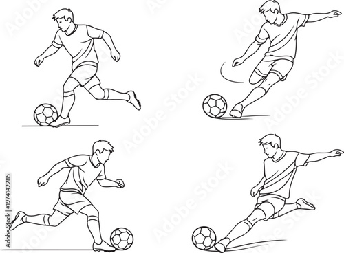 Soccer Players Line Icon Set – Running and Kicking Football Outline Vector Illustration