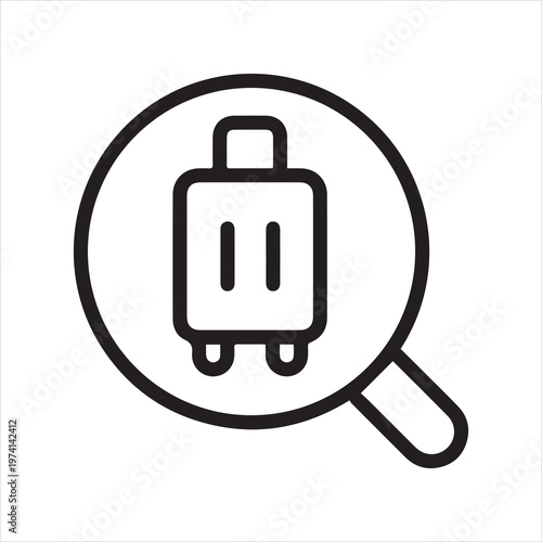 Magnifier with luggage, linear icon. Baggage inspection and airport security. Line with editable stroke.