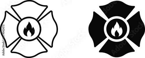 Firefighter Maltese cross icons, fire department emblem vector set, emergency service badge with flame symbol, black and white rescue department logos