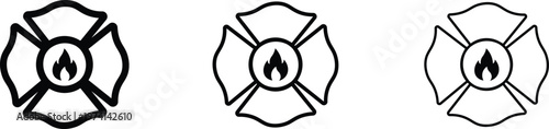 Firefighter Maltese cross icons set, emergency service fire department emblem collection, black line art fire rescue symbols for branding