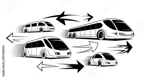 Diverse Transportation Methods Illustrated with Arrows.