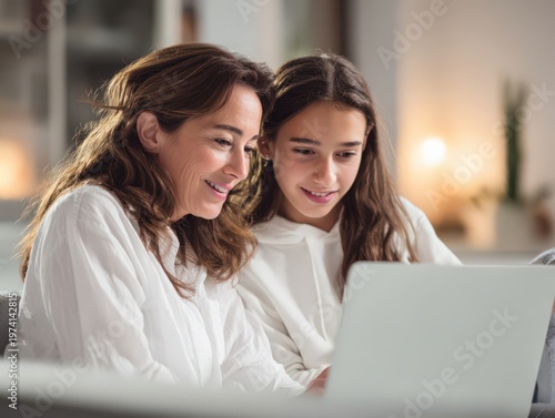 ノートパソコンを見る母娘