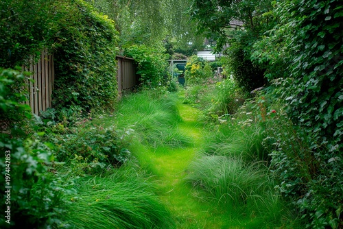 Overgrown backyard garden with tall grass