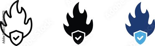 Fireproof protection icon set, flame with shield and checkmark symbols, fire safety and heat resistance vector graphics for industrial security