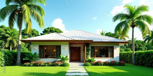 Tranquil Tropical Home Design A Luxurious Single-Story Residence Nestled Amidst Lush Greenery and Towering Palm Trees