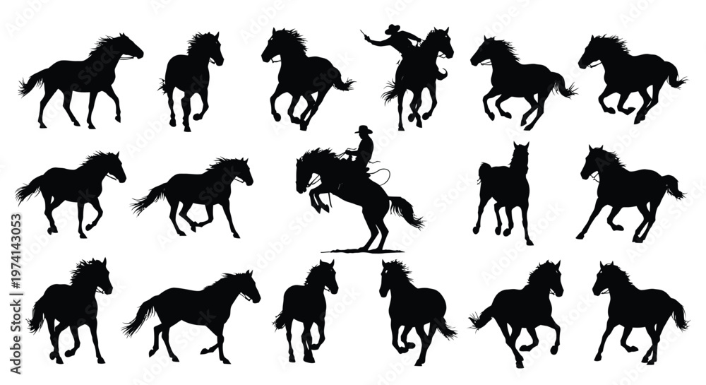 Fototapeta premium Various silhouettes of galloping horses and cowboys presented as a high quality black vector graphic illustration