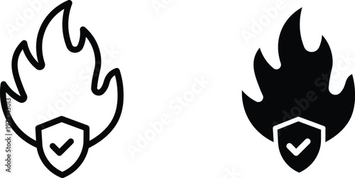 Fireproof protection icons set, flame resistant shield with checkmark symbols, fire safety and heat protection vector graphics