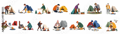 Vector illustrations of people camping, gathering firewood, and lighting campfires near tents, perfect for outdoor adventure and nature-themed designs.