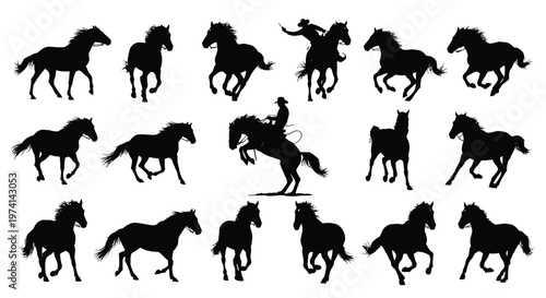 Various silhouettes of galloping horses and cowboys presented as a high quality black vector graphic illustration