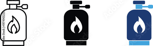 Gas cylinder icon set with flame symbol, propane tank vector illustrations, industrial fuel storage containers in outline and flat styles