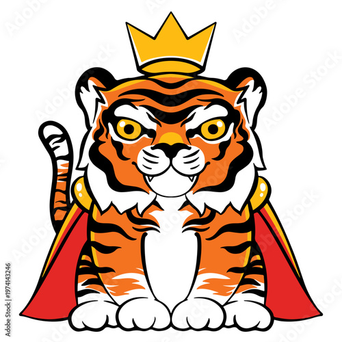 Cute Tiger King Cartoon Character with Golden Crown and Red Cape