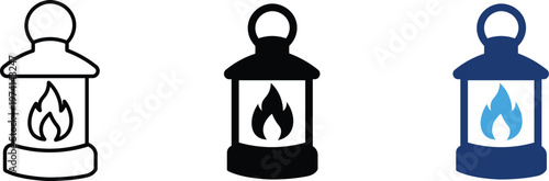 Vintage camping lantern icons set, antique oil lamp vector illustrations, traditional gas lantern with flame, outdoor adventure lighting equipment