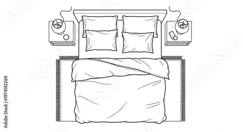 Overhead view of a neatly arranged bed with nightstands.